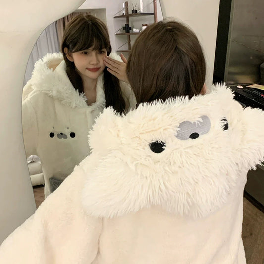 可愛いアザラシペアパジャマ厚手サンゴフリースルームウェアセット秋冬