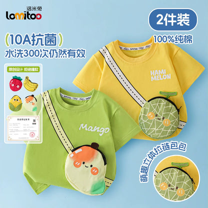 かわいい立体バッグ付子供綿100%半袖Tシャツフルーツ柄抗菌