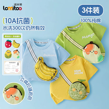 かわいい立体バッグ付子供綿100%半袖Tシャツフルーツ柄抗菌