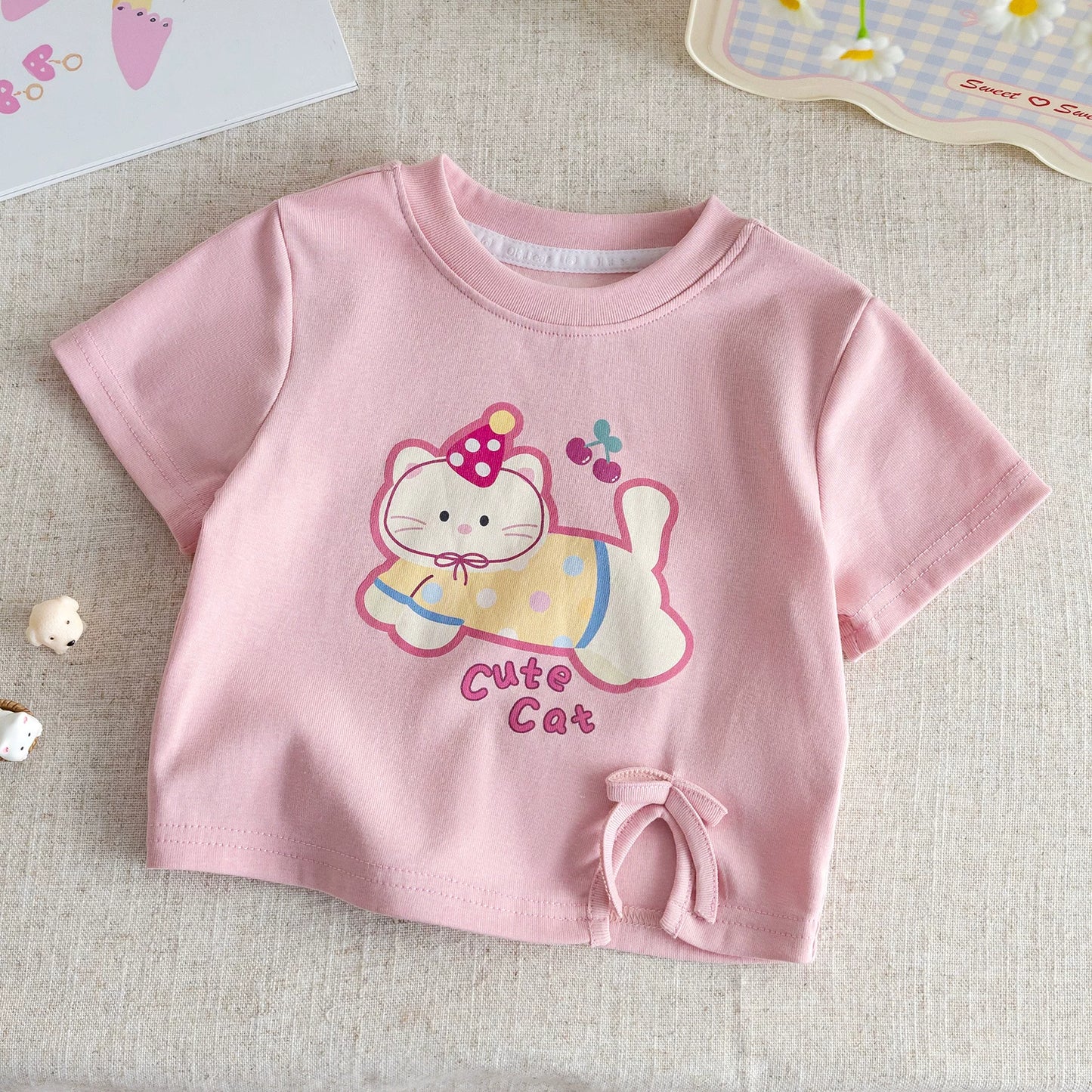 かわいい猫柄キッズ半袖&ロングパンツセット