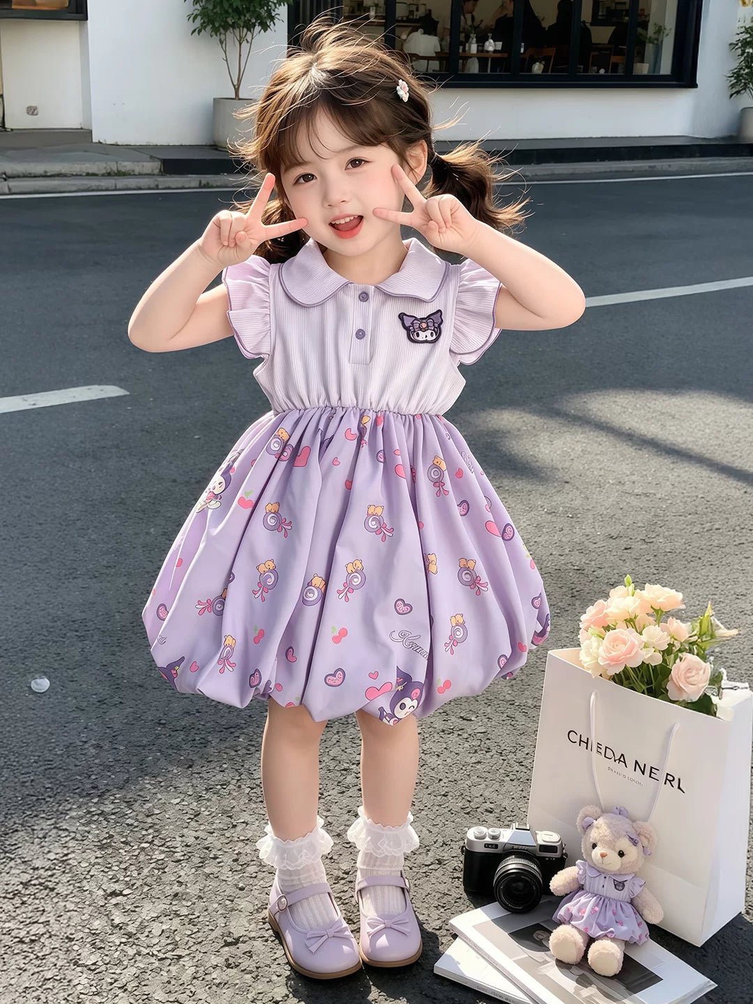 女童库洛米连衣裙2026夏季新款小女孩娃娃领polo领花苞裙甜美裙子