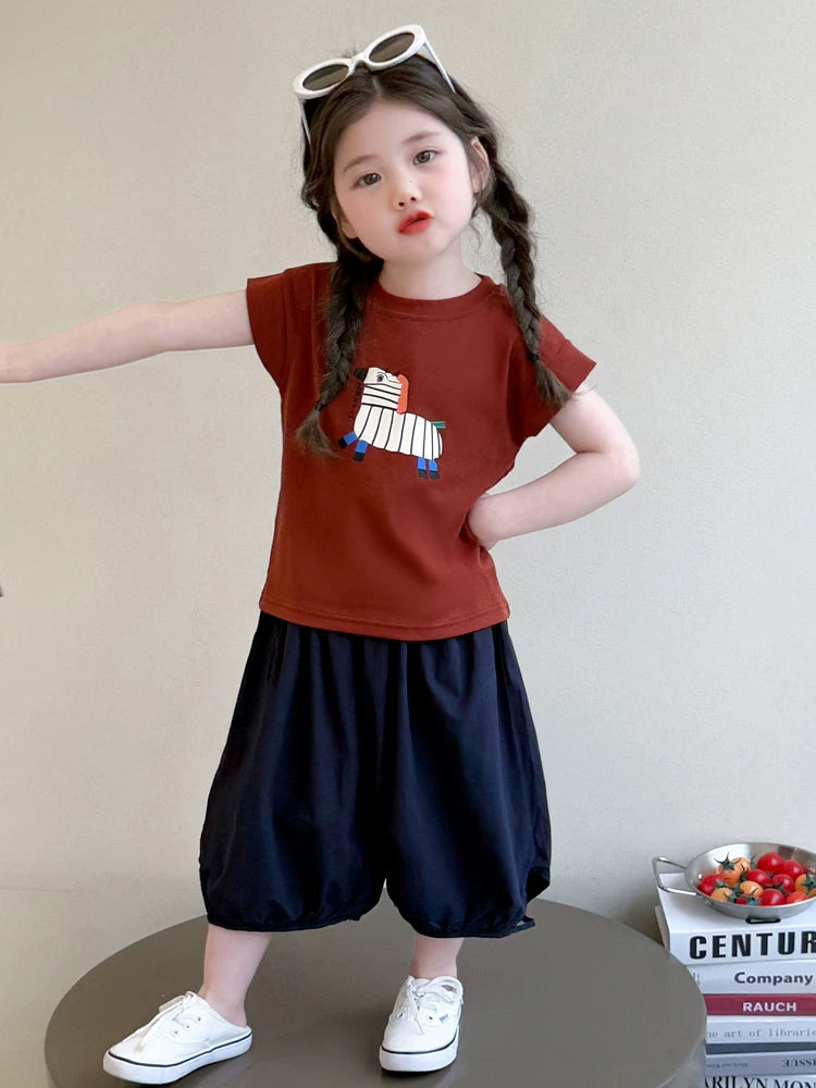 お洒落な女児半袖Tシャツ七分丈セットアップ