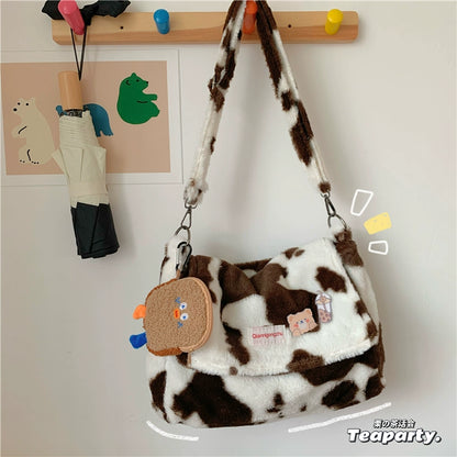 モコモコ牛柄ショルダーバッグ｜原宿系かわいい大容量メッセンジャー