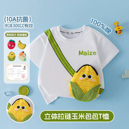 かわいい立体バッグ付子供綿100%半袖Tシャツフルーツ柄抗菌
