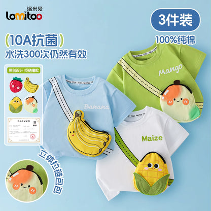 かわいい立体バッグ付子供綿100%半袖Tシャツフルーツ柄抗菌