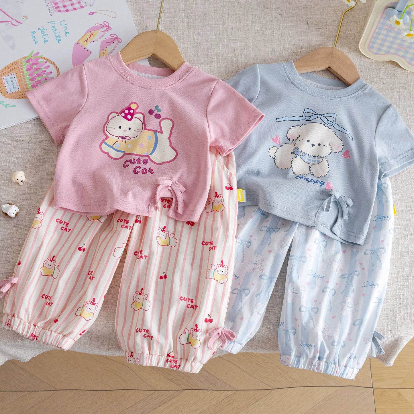 かわいい猫柄キッズ半袖&ロングパンツセット