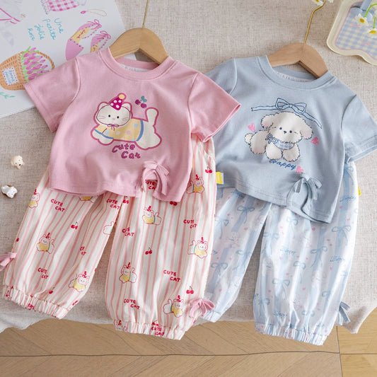 かわいい猫柄キッズ半袖&ロングパンツセット