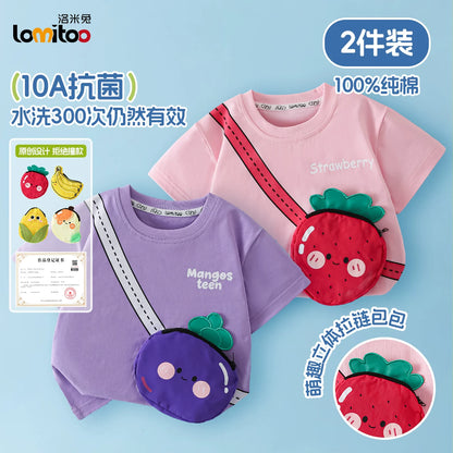 かわいい立体バッグ付子供綿100%半袖Tシャツフルーツ柄抗菌