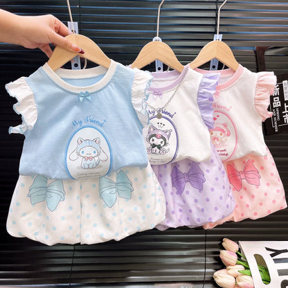 可愛いクロミシナモロールルームウェアフリル袖カートゥーンセットアップ