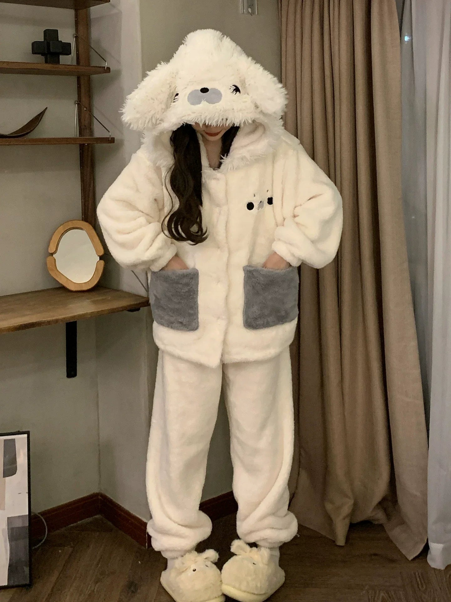 可愛いアザラシペアパジャマ厚手サンゴフリースルームウェアセット秋冬