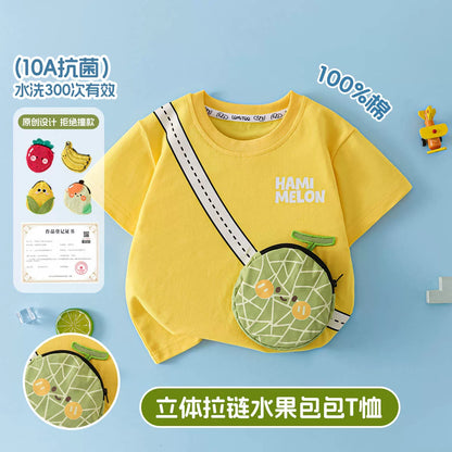 かわいい立体バッグ付子供綿100%半袖Tシャツフルーツ柄抗菌