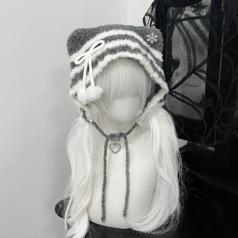 猫耳ニット帽小顔効果抜群防寒可愛万能ストライプビーニー