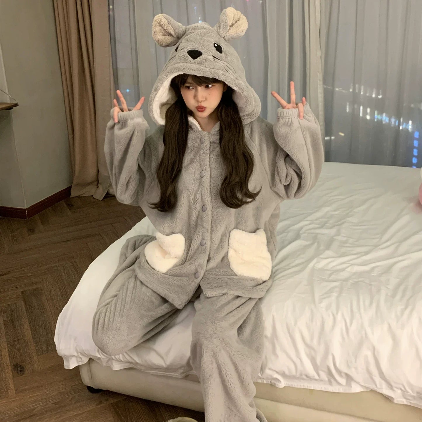 可愛いアザラシペアパジャマ厚手サンゴフリースルームウェアセット秋冬