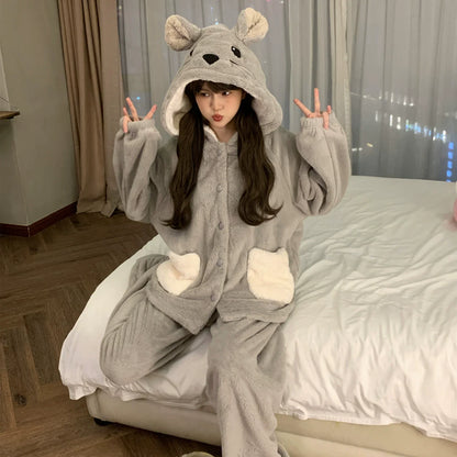 可愛いアザラシペアパジャマ厚手サンゴフリースルームウェアセット秋冬