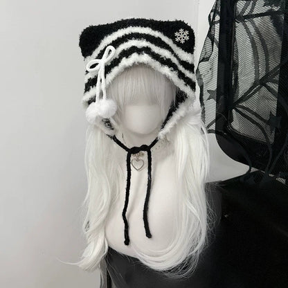 猫耳ニット帽小顔効果抜群防寒可愛万能ストライプビーニー