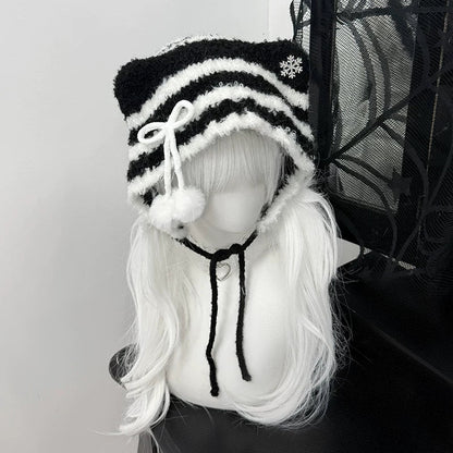 猫耳ニット帽小顔効果抜群防寒可愛万能ストライプビーニー