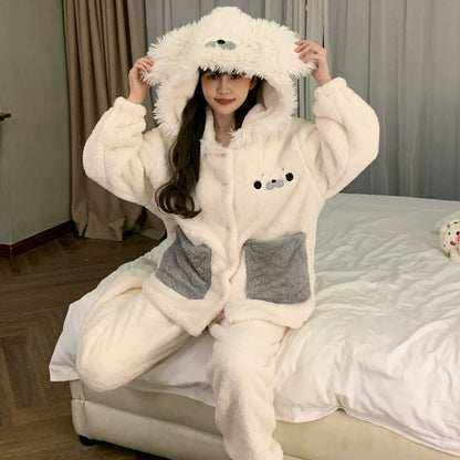 可愛いアザラシペアパジャマ厚手サンゴフリースルームウェアセット秋冬