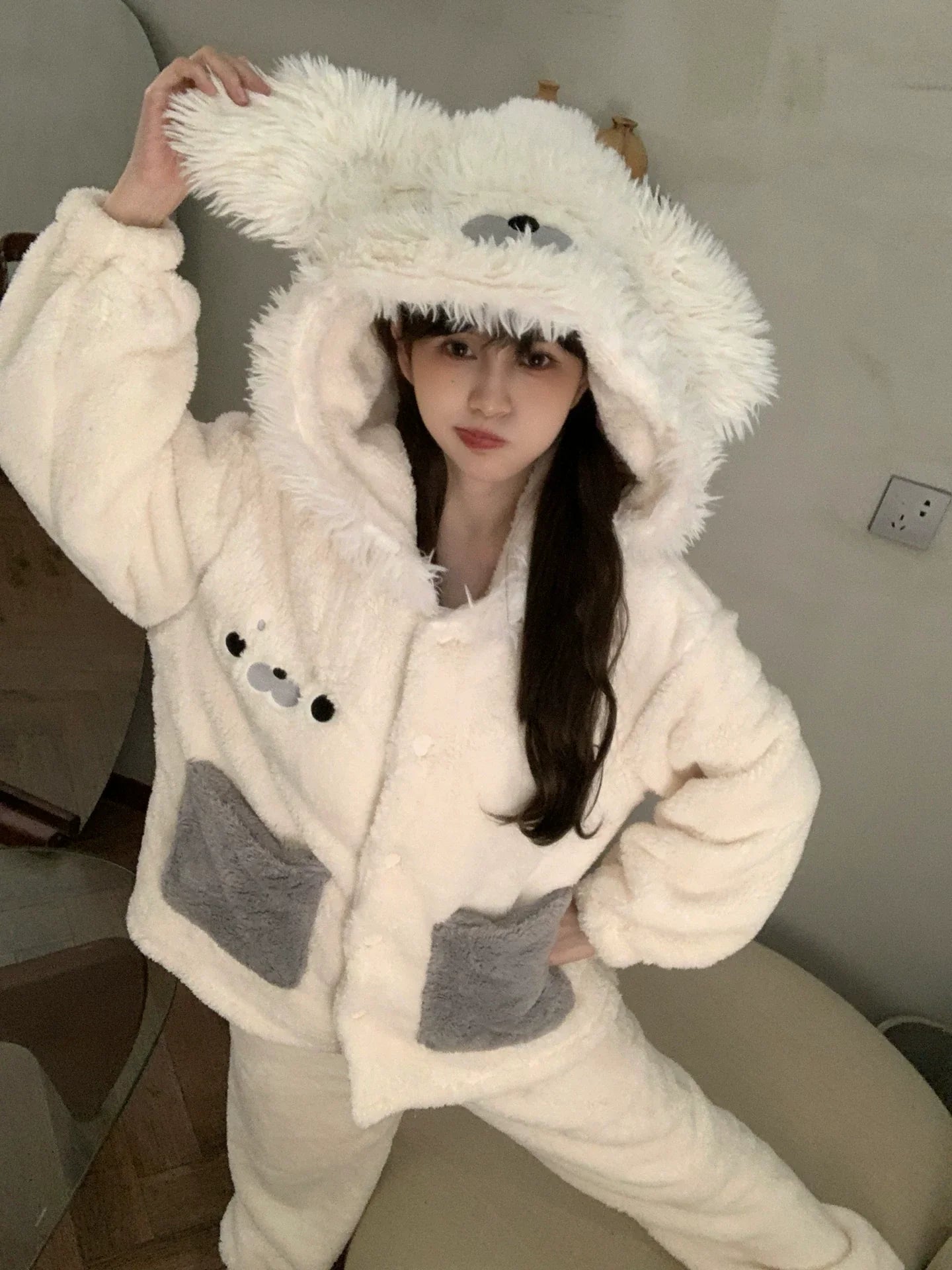 可愛いアザラシペアパジャマ厚手サンゴフリースルームウェアセット秋冬