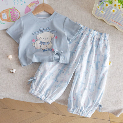 かわいい猫柄キッズ半袖&ロングパンツセット