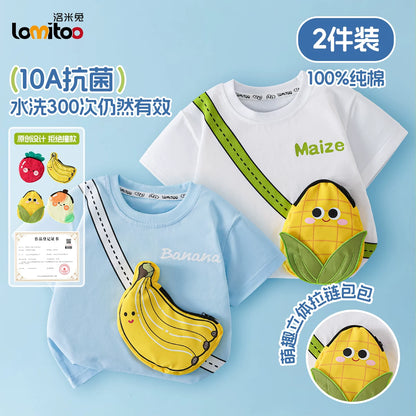 かわいい立体バッグ付子供綿100%半袖Tシャツフルーツ柄抗菌