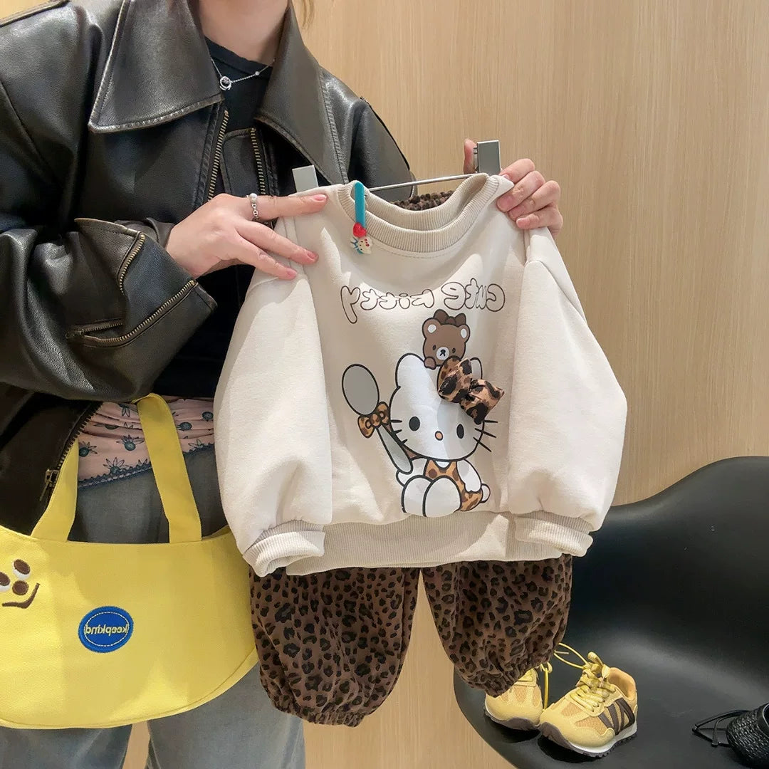 韓国風ハローキティ女の子レオパードKTスウェットセットアップ