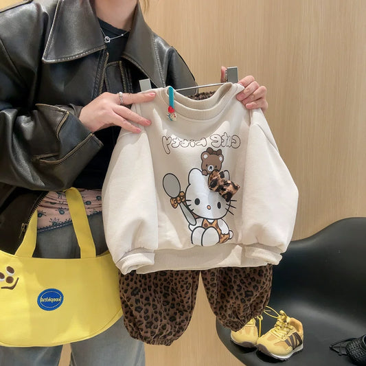 韓国風ハローキティ女の子レオパードKTスウェットセットアップ