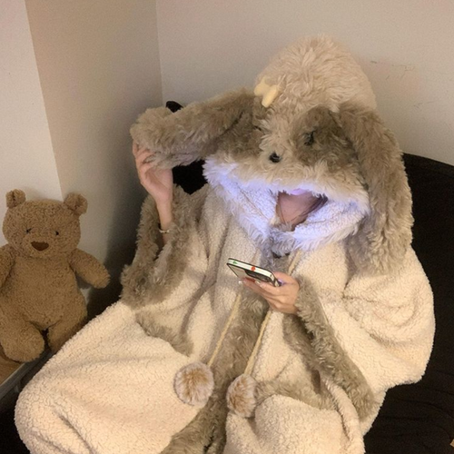 キュートな子犬耳付きフードモコモコ冬用ルームウェアパジャマレディース珊瑚フリース暖かガウン可外着セット