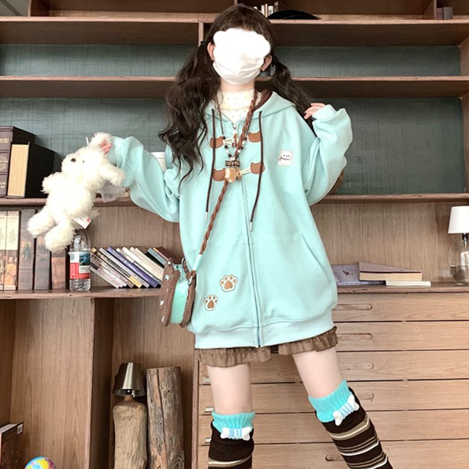 地雷系猫肉球刺繍裏起毛オーバーサイズパーカーかわいいスクール風
