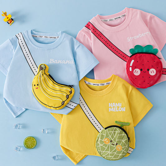 かわいい立体バッグ付子供綿100%半袖Tシャツフルーツ柄抗菌