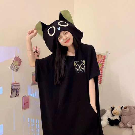 大人可愛いフード付き半袖猫耳パジャマ