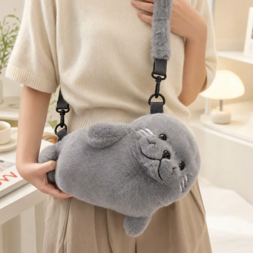 アザラシぬいぐるみバッグ｜ふわもこ小動物デザイン