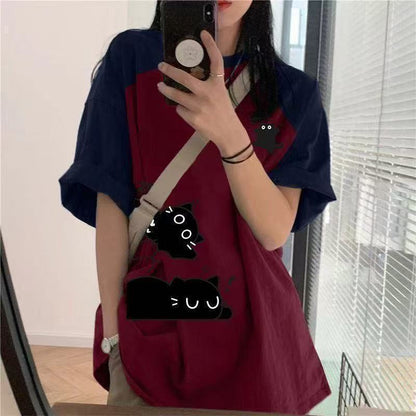 アメカジ綿100%黒猫ラグランTシャツオーバーサイズ
