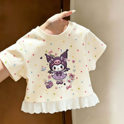 大人可愛いクロミプリントフリルTシャツ