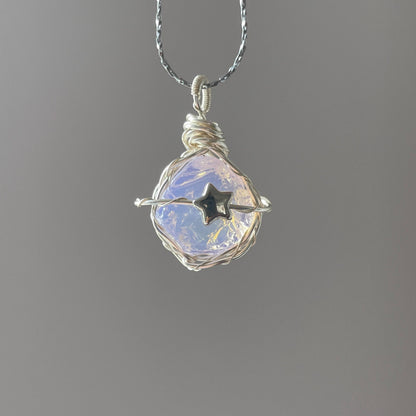 ブルー水晶原石 ワイヤーアートネックレス｜手作りカップルアクセサリー