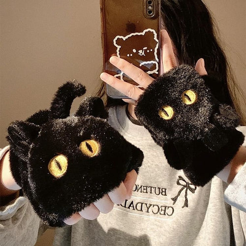Black Cat Mittens | Fluffy Fingerless &amp; Lidded Gloves 