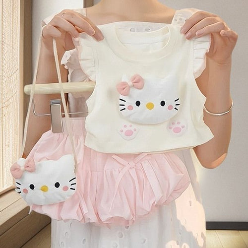 お洒落可愛い!ハローキティ猫モチーフTシャツかぼちゃパンツセット