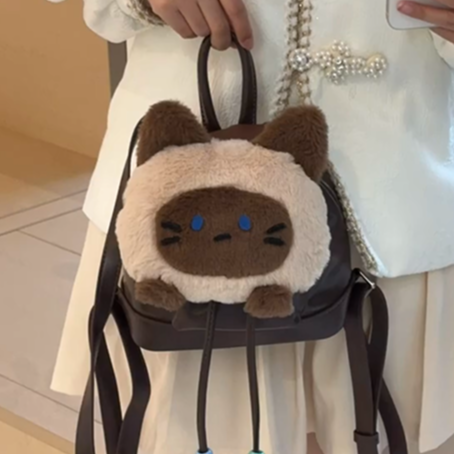 シャム猫ぬいぐるみリュック猫グッズ｜大容量ふわもこ学生ガーリー通学バッグ