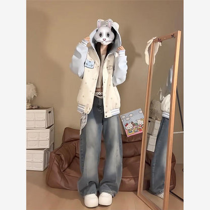 可愛い猫耳フード付きスタジャン裏起毛パーカー厚手