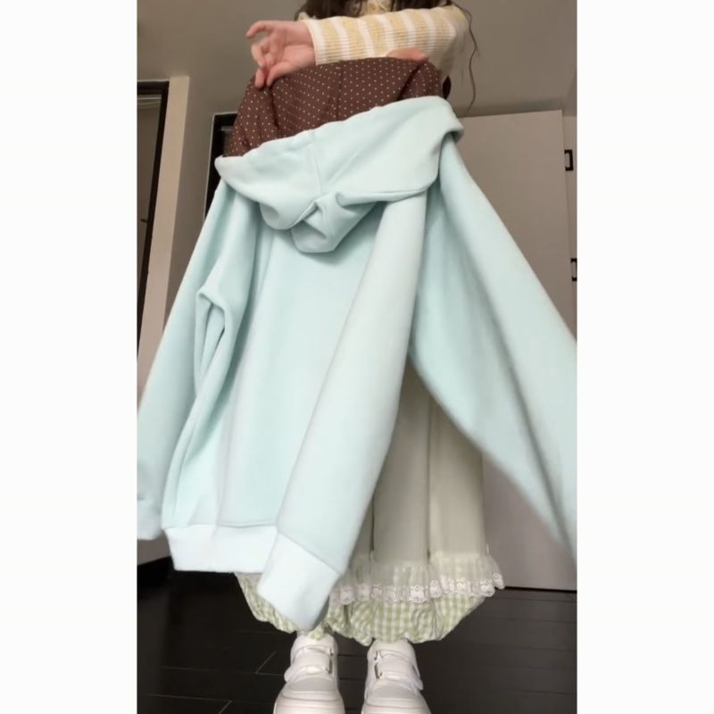 猫肉球刺繍裏起毛オーバーサイズジップアップパーカー