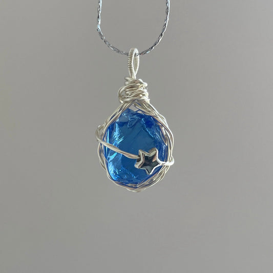 ブルー水晶原石 ワイヤーアートネックレス｜手作りカップルアクセサリー