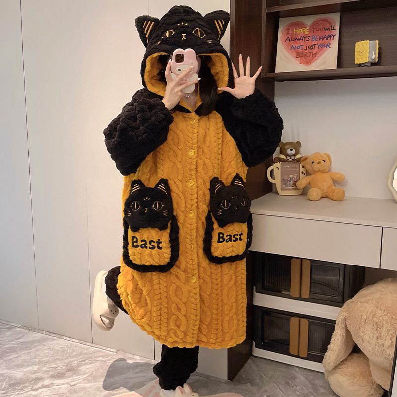 とろける触感かぼちゃネコ柄ふわもこガウン可愛いルームウェア・パジャマ