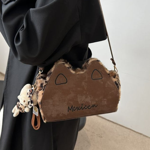 Fluffy shoulder bag with leopard ears | Cute irregular-shaped bag for autumn and winter 