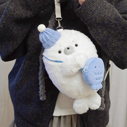 【一緒にお出かけ】高品質アザラシのふわふわぬいぐるみ斜めがけバッグ