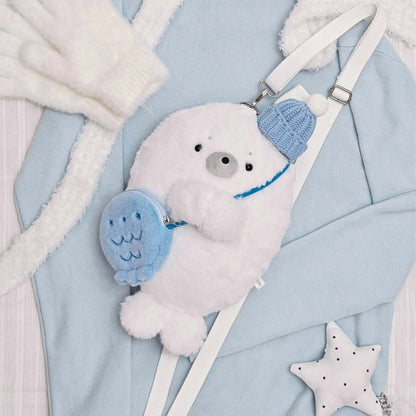 【一緒にお出かけ】高品質アザラシのふわふわぬいぐるみ斜めがけバッグ