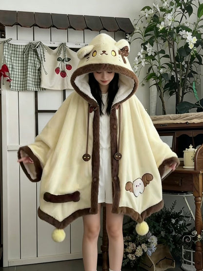 天使子猫甘々刺繍裏起毛フード付きケープルームウェア秋冬萌え系防寒パジャマ