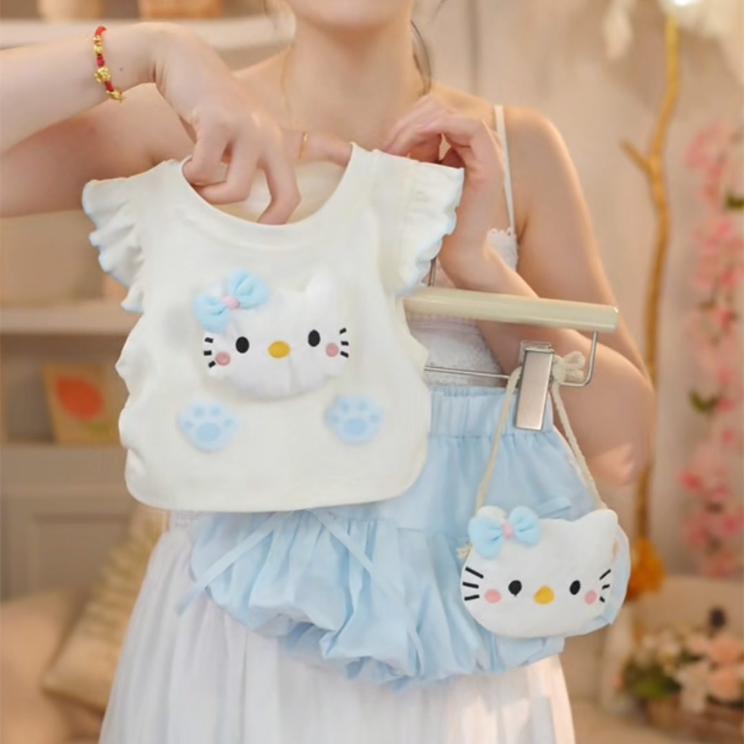 お洒落可愛い!ハローキティ猫モチーフTシャツかぼちゃパンツセット