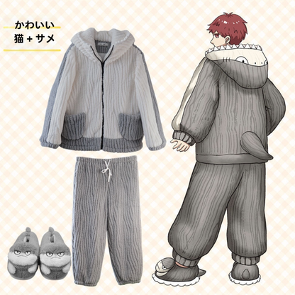 サメ＆ネコ変身のおもしろ連体パジャマ/ペアルックのあったか連体ルームウェア