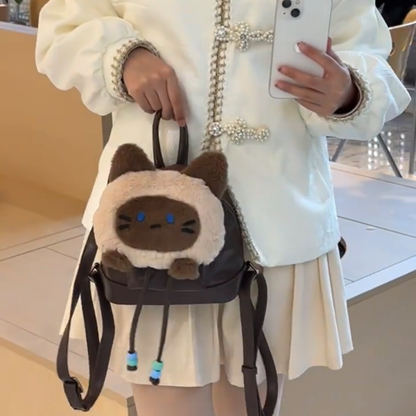 シャム猫ぬいぐるみリュック猫グッズ｜大容量ふわもこ学生ガーリー通学バッグ