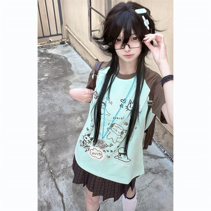 2025新作大人可愛い配色切替半袖Tシャツゆったりトップス