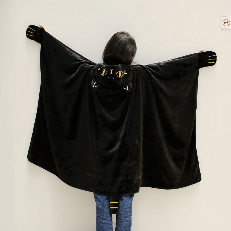ブラックねこふわもこマントブランケット｜手袋付き可愛いルームウェア